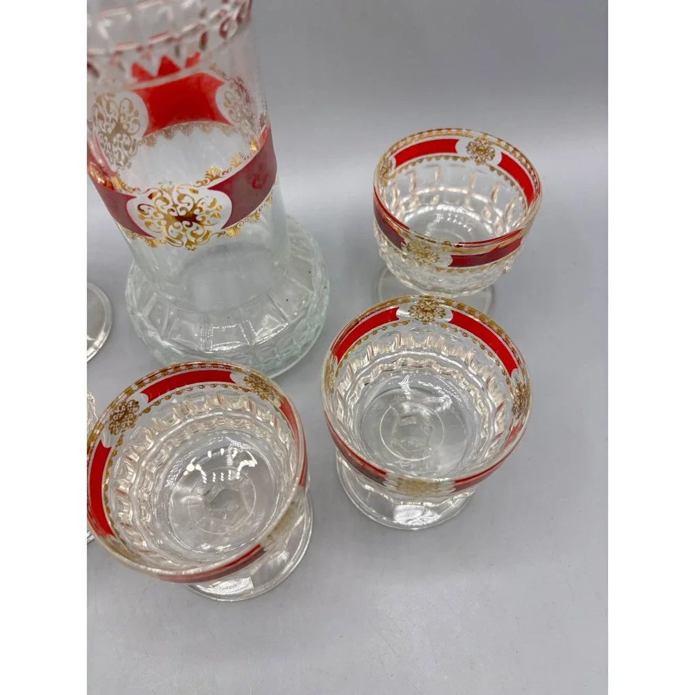 Vintage Red Gold Filigree Glass Decanter Set with 5 Cordial Glasses Bar EMPTY
